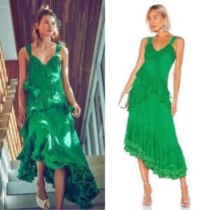 Alexis Bozoma Emerald Green Lace Asymmetrical Tiered Ruffle Midi Dress Sz Small